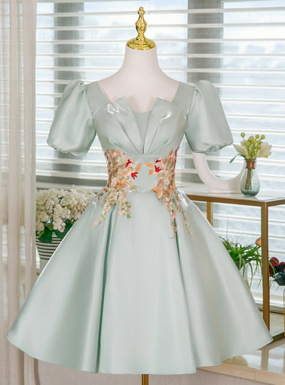 Green Puff Sleeve Appliques Homecoming Dress