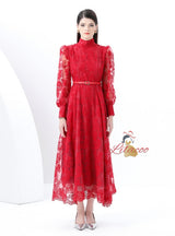 Embroidered Lantern Sleeves Lace Dress