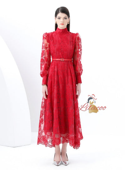 Embroidered Lantern Sleeves Lace Dress
