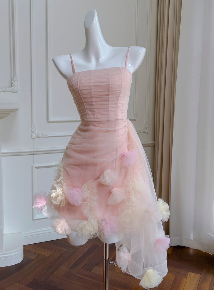 Pink Tulle Spaghetti Straps Pleats Prom Dress