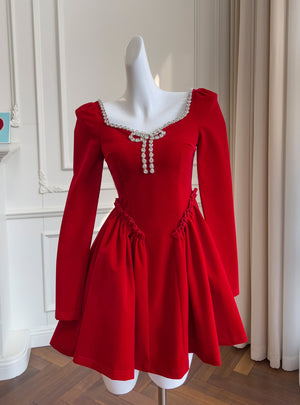 Retro Red Velvet Long Sleeve Dress