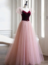 Pink Tulle Burgundy Velvet Puff Sleeve Prom Dress