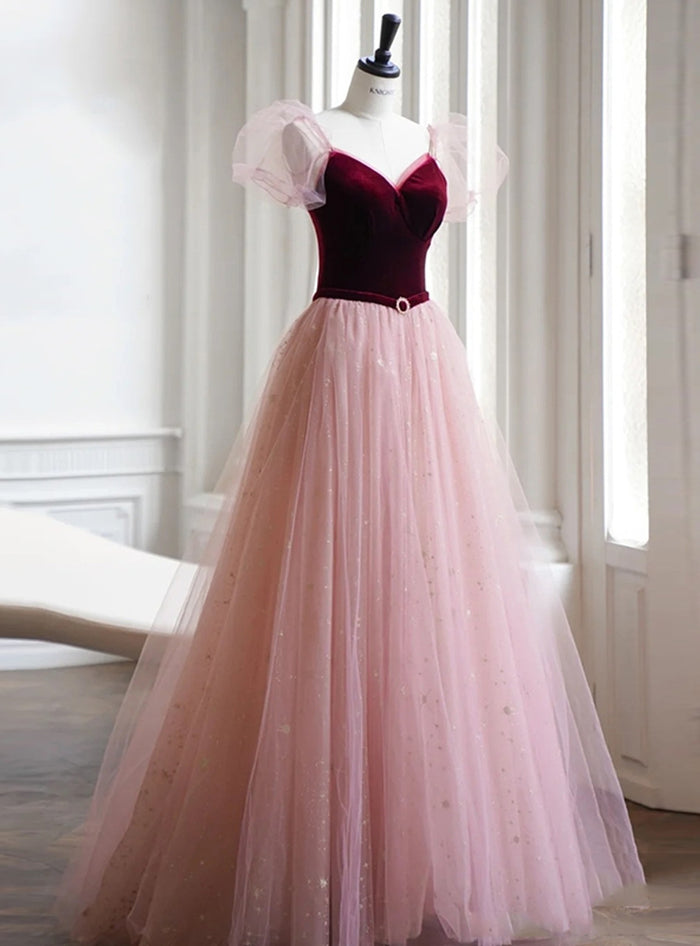 Pink Tulle Burgundy Velvet Puff Sleeve Prom Dress