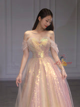 Pink Tulle Sequins Off the Shoulder Prom Dress