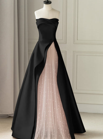 Black Satin Pink Tulle Prom Dress