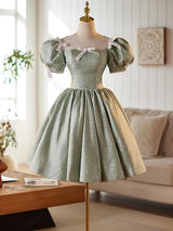Green Puff Sleeve Bow Homecoming Dress
