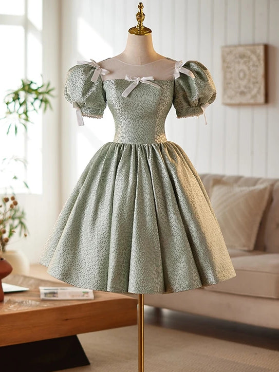Green Puff Sleeve Bow Homecoming Dress