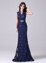 Navy Blue Mermaid Lace V-neck Mother Of The Bride Dress
