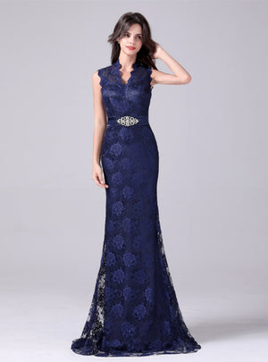 Navy Blue Mermaid Lace V-neck Mother Of The Bride Dress
