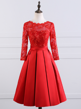 Red Satin Lace Short Sleeve Homecoming Dress