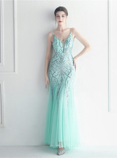 Spaghetti Straps Tulle Sequins Prom Dress