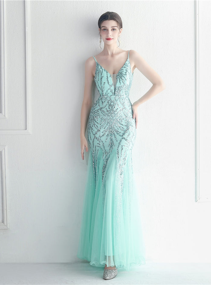 Spaghetti Straps Tulle Sequins Prom Dress