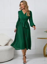 Long Sleeve Slim Pleated Belt V-neck Dress