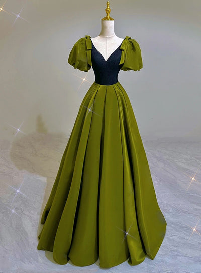 Green Satin V-neck Puff Sleeve Prom Dress