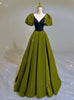 Green Satin V-neck Puff Sleeve Prom Dress