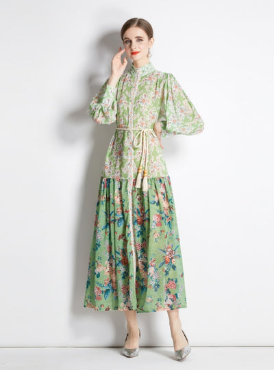 Long-sleeved Retro Lantern Sleeve Printed Dress