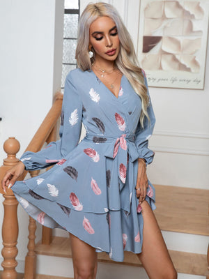 Feather Printed Ruffled V-neck Dress