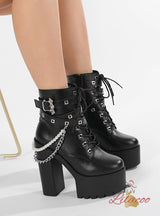 Thick-heeled Pearl Chain Bat Belt Buckle Martin Boots