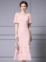 Puff Sleeve Flower Beading Mother Of The Bride Dress