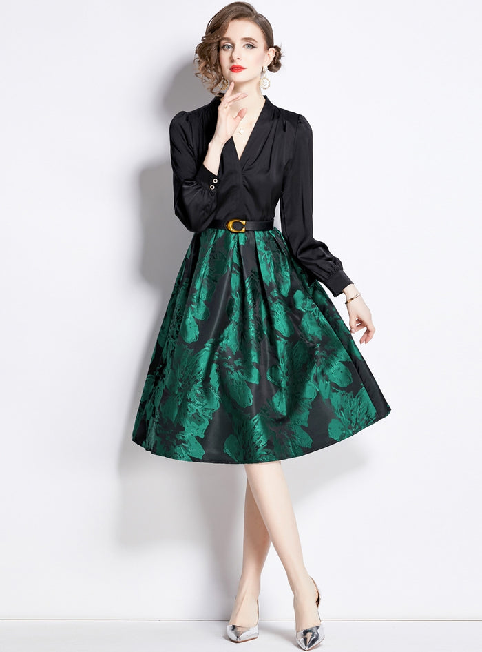 V-neck Contrast Stitching Vintage Dress