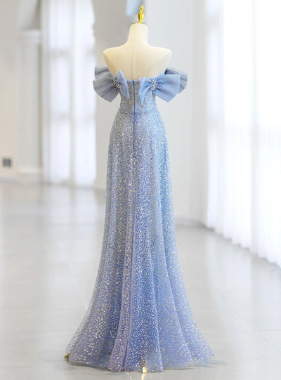 Blue Sequins Strapless Bow Pearls Prom Dress