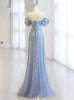 Blue Sequins Strapless Bow Pearls Prom Dress