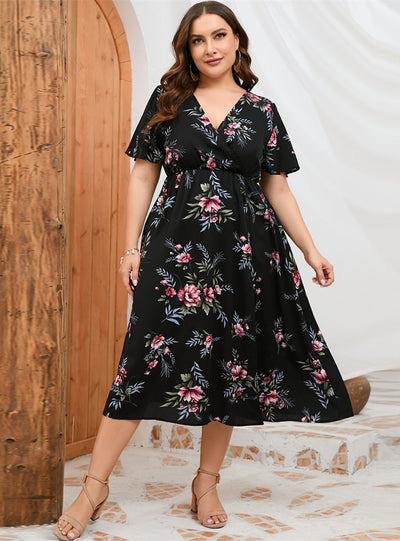 Elastic Waist Printed Short Sleeve Dress