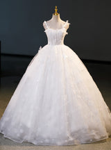 White Ball Gown Tulle Flower Wedding Dress
