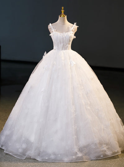 White Ball Gown Tulle Flower Wedding Dress