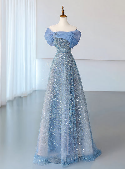 Blue Tulle Sequins Off the Shoulder Pleats Prom Dress