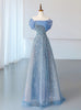 Blue Tulle Sequins Off the Shoulder Pleats Prom Dress