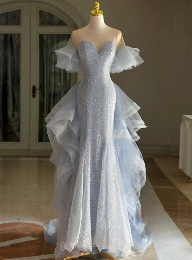 Blue Mermaid Sequins Tulle Short Sleeve Prom Dress