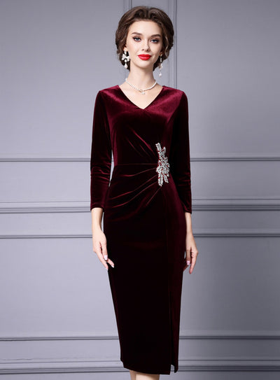 Burgundy Velvet Long Sleeve Mother Of The Bride Dress
