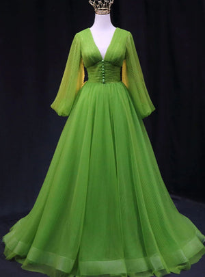 Green Tulle Long Sleeve V-neck Prom Dress