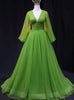 Green Tulle Long Sleeve V-neck Prom Dress