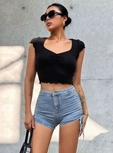 V-neck Pleated Slim T-shirt