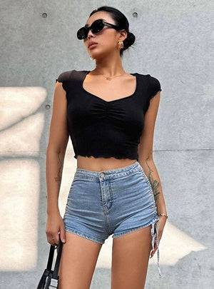 V-neck Pleated Slim T-shirt