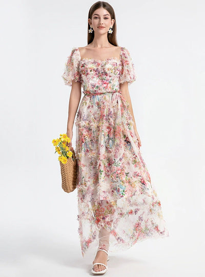 Heavy-duty Gauze Printed Spliced Ruffled Dress