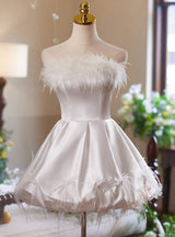 Simple White Satin Strapless Feather Homecoming Dress