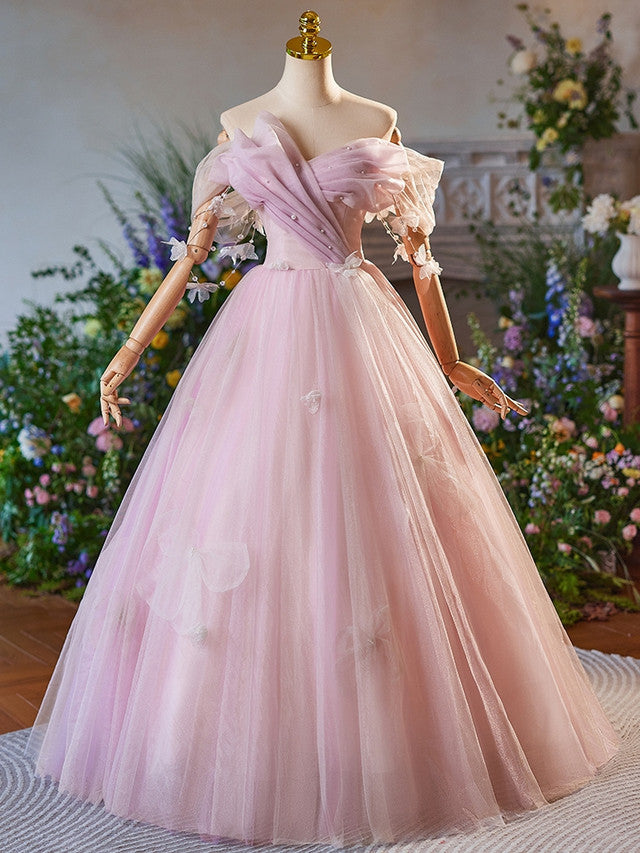 Pink Tulle Pleats Butterfly Prom Dress