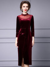 Burgundy Velvet Long Sleeve Mother Of The Bride Dress