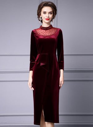 Burgundy Velvet Long Sleeve Mother Of The Bride Dress