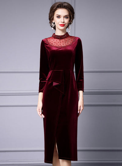 Burgundy Velvet Long Sleeve Mother Of The Bride Dress