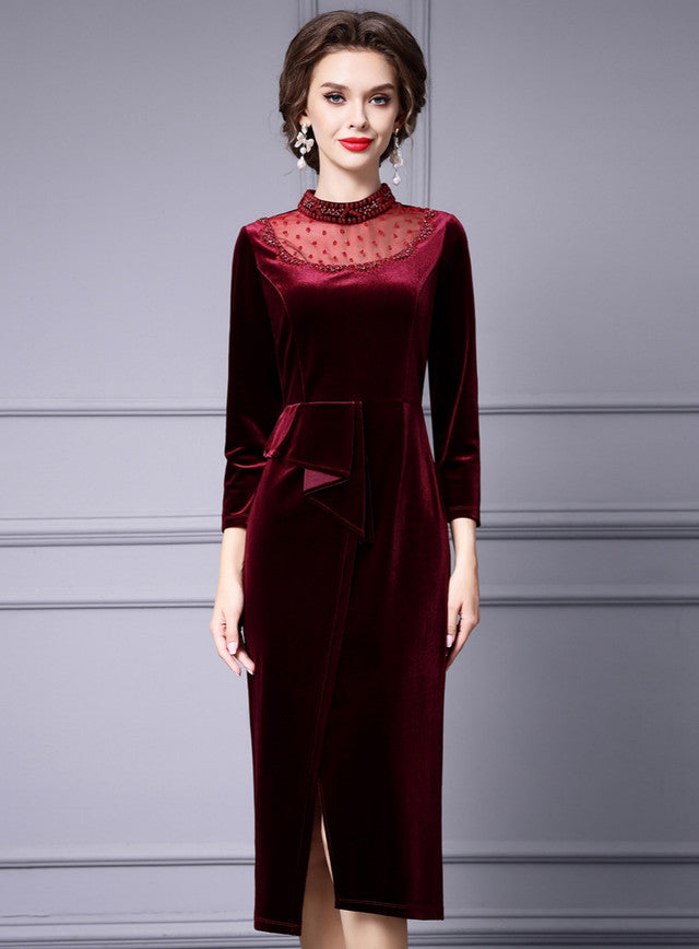 Burgundy Velvet Long Sleeve Mother Of The Bride Dress