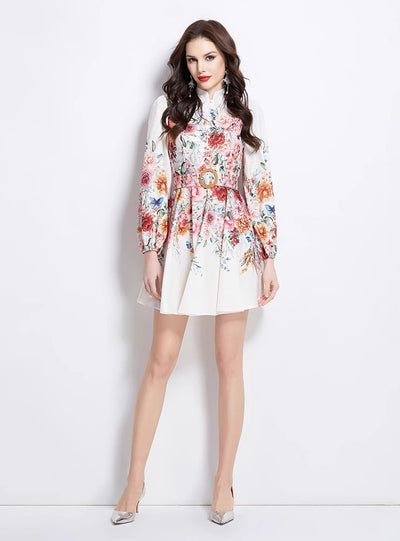 Palace Retro Lantern Sleeve Button Printed Dress