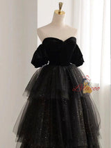 Black Tulle Sequins Velvet Short Sleeve Prom Dress