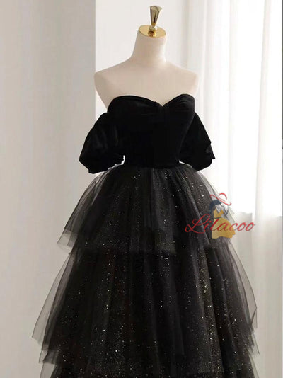Black Tulle Sequins Velvet Short Sleeve Prom Dress