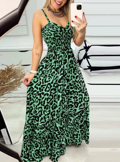 Fashion Leopard Print Suspender Backless Dress