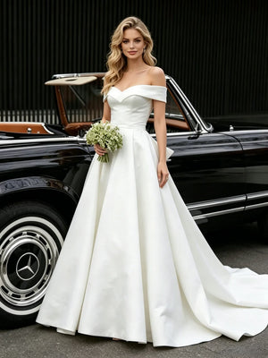 White Satin Off the Shoulder Wedding Dress