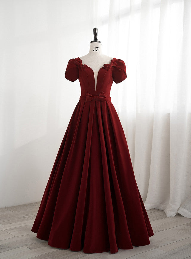 Burgundy Velvet Short Sleeve Bow Prom Dress